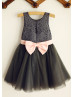 Dark Gray Lace Tulle Slit Open Back Flower Girl Dress